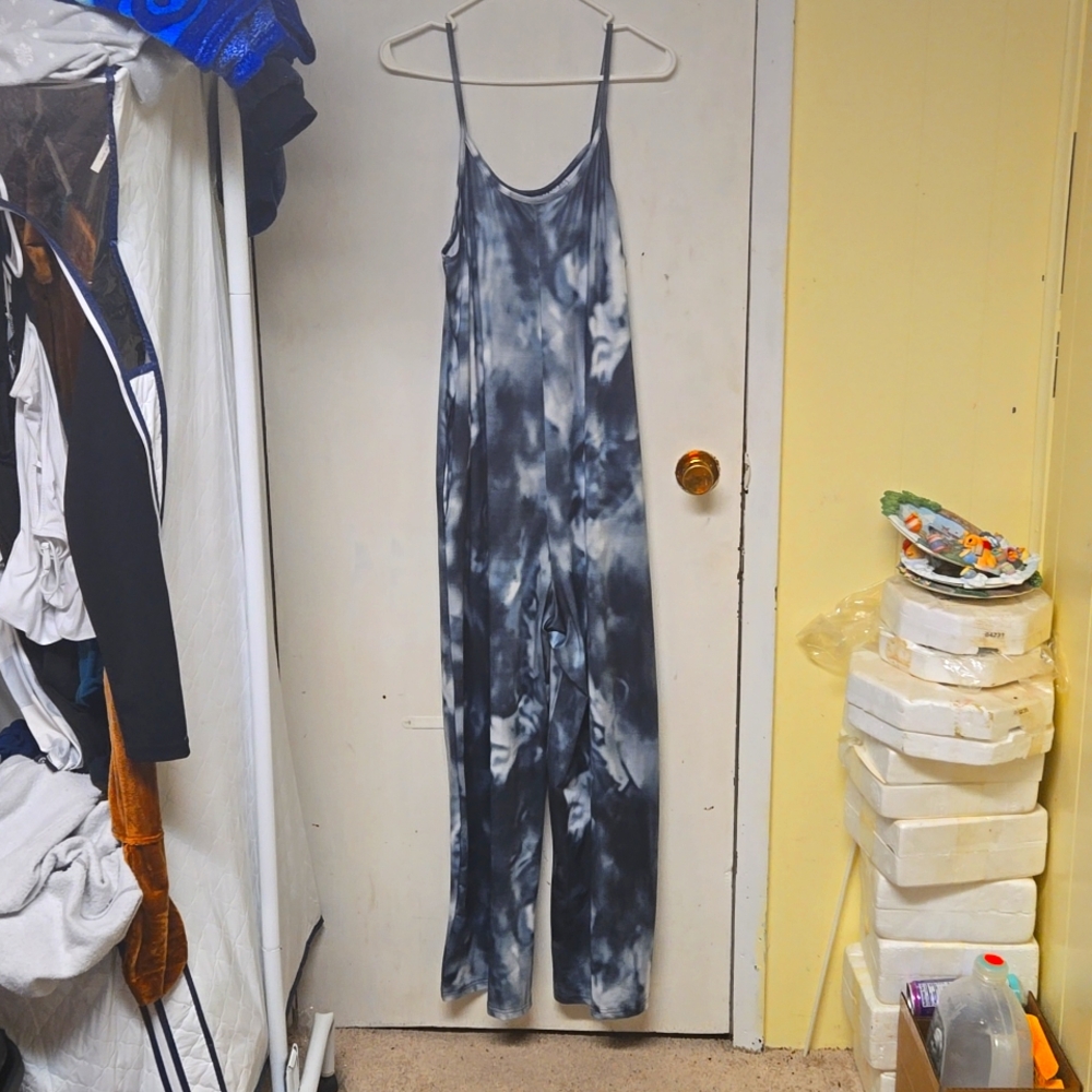 One peace romper, size large, tye dye colors of blue white and gray